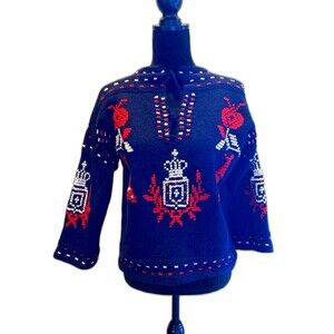 Vintage Sweater Nautical Theme Royal Crown Emblem Navy Blue No Tag ?You Babes